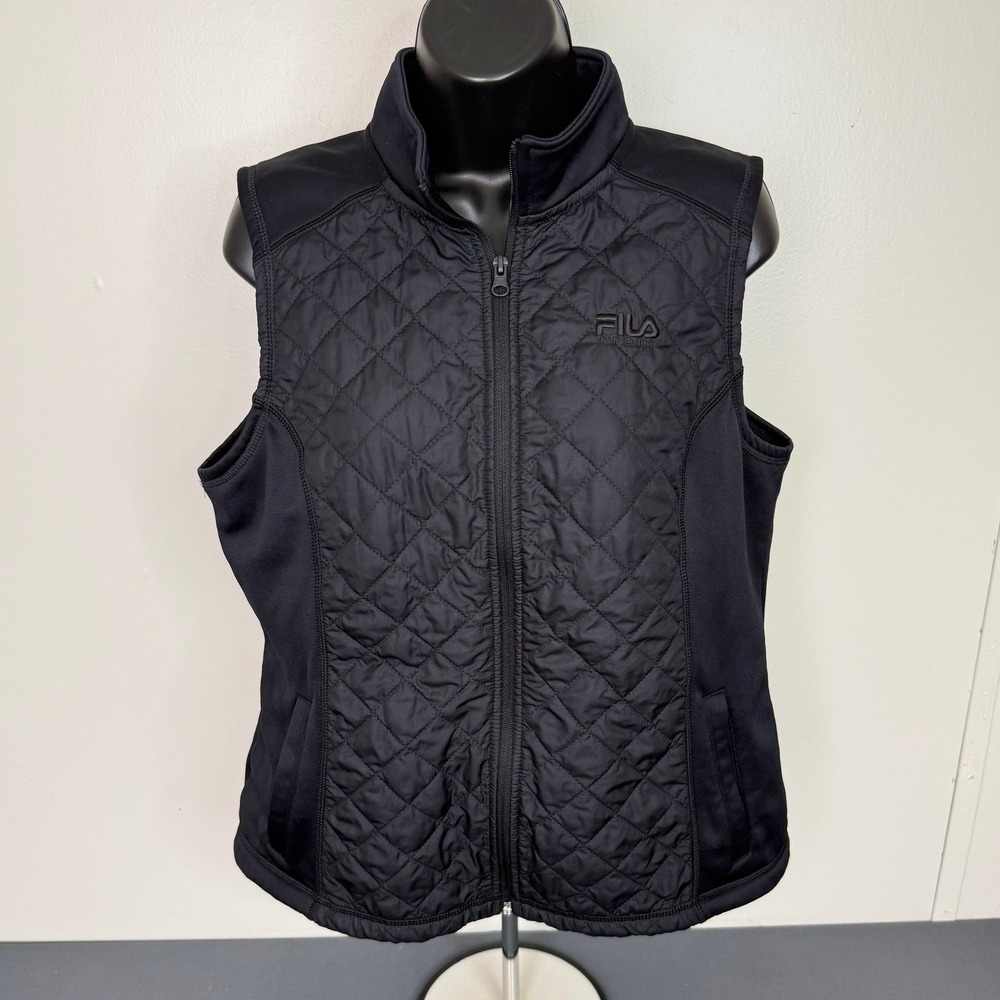 Fila Sport Vest Womens Large Black Quilted Puffer Full Zip Mock Neck Sleeveless